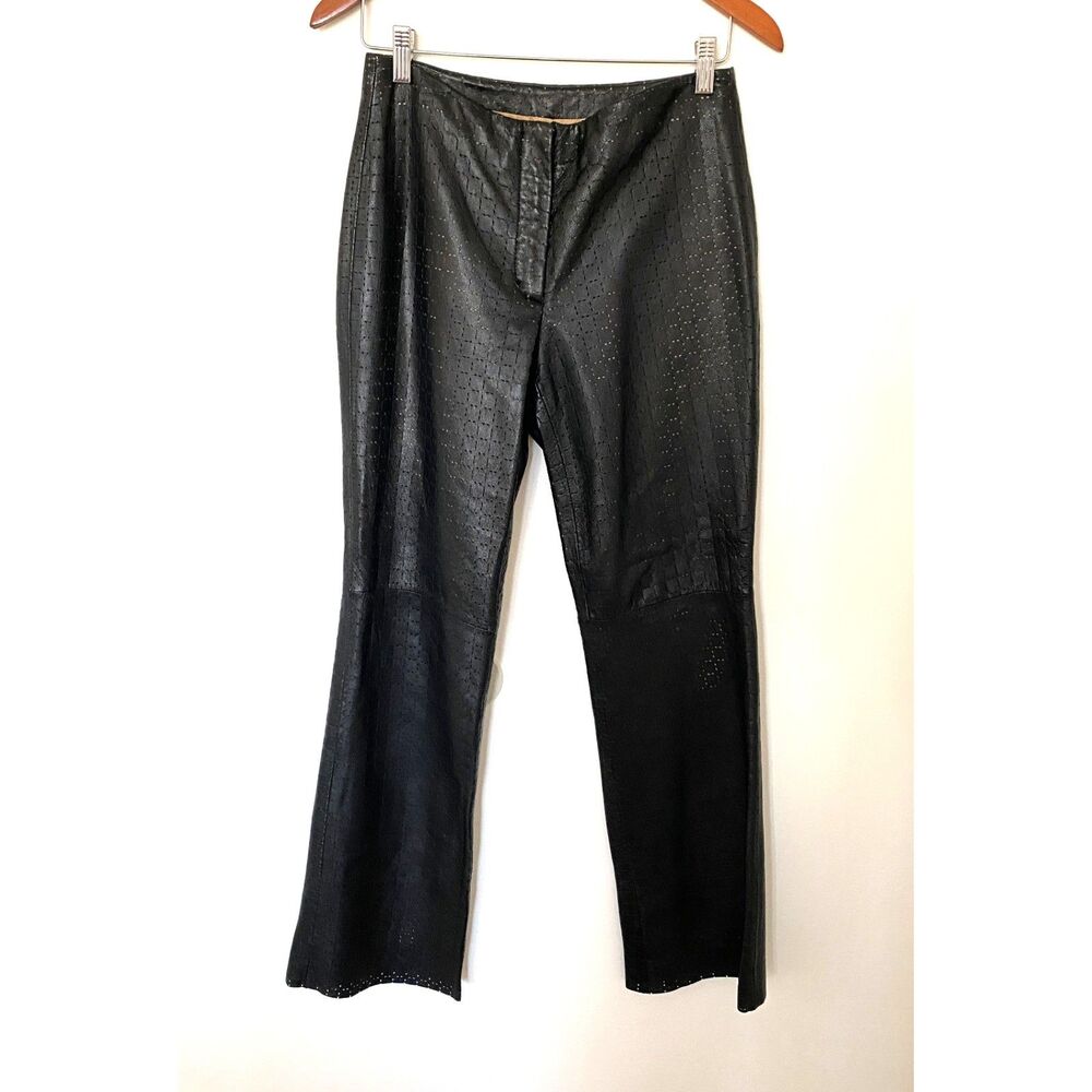 Kenneth Cole Black Perforated Pattern Leather Dress Lined Mid Rise Pants Sz 6